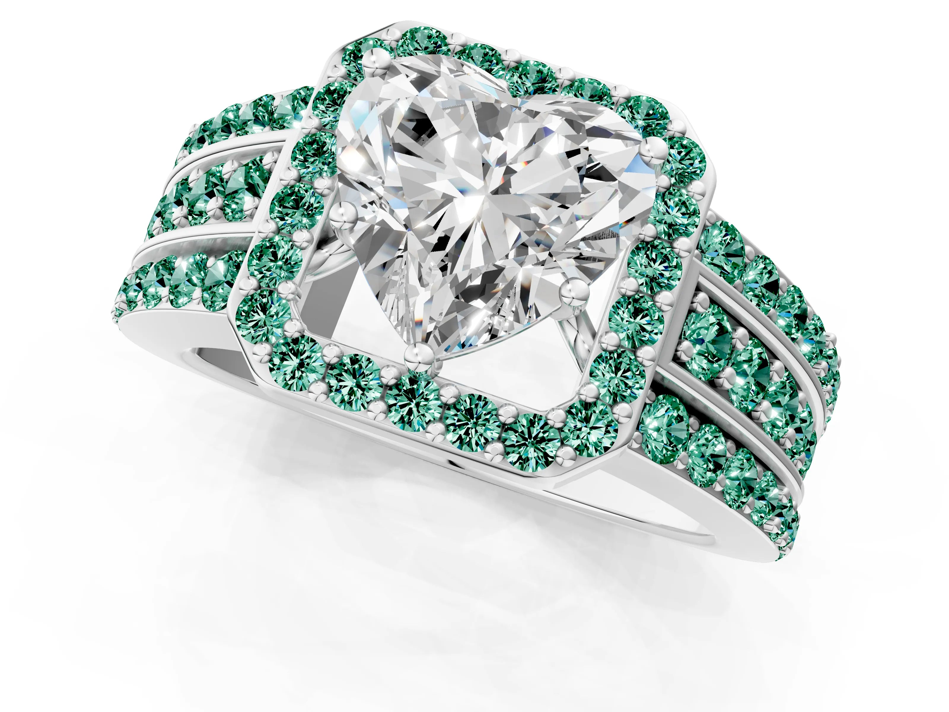 White gold Heart Cut Halo Diamond Ring with Round with Green Sapphire side stone Split Shank and Prong Setting_37