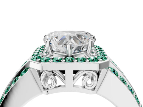 White gold Heart Cut Halo Diamond Ring with Round with Green Sapphire side stone Split Shank and Prong Setting_37