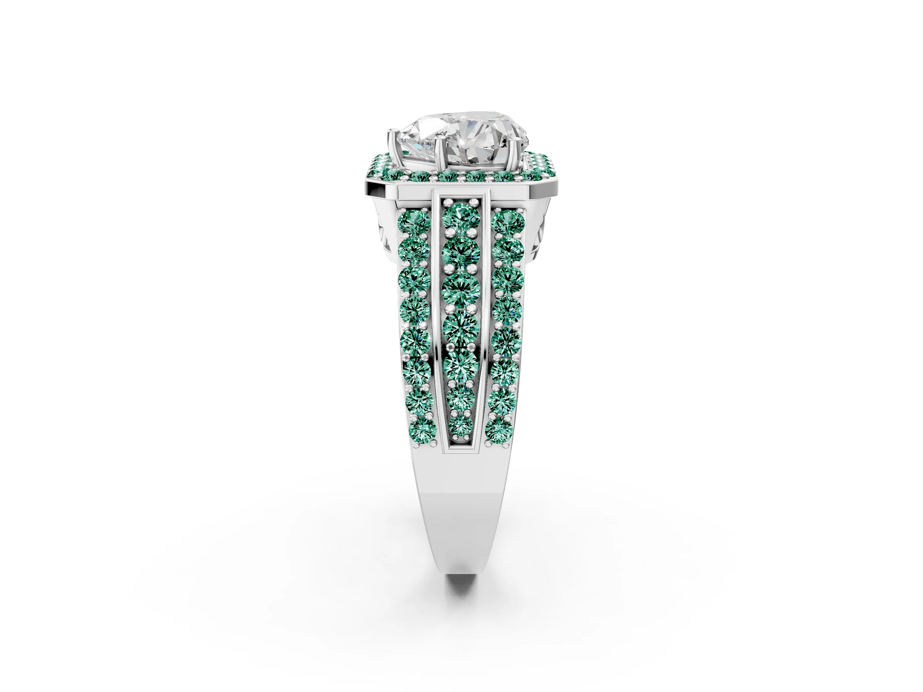 White gold Heart Cut Halo Diamond Ring with Round with Green Sapphire side stone Split Shank and Prong Setting_38