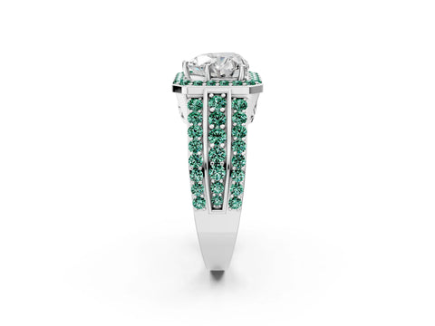 White gold Heart Cut Halo Diamond Ring with Round with Green Sapphire side stone Split Shank and Prong Setting_38