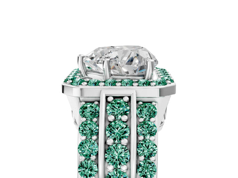 White gold Heart Cut Halo Diamond Ring with Round with Green Sapphire side stone Split Shank and Prong Setting_38