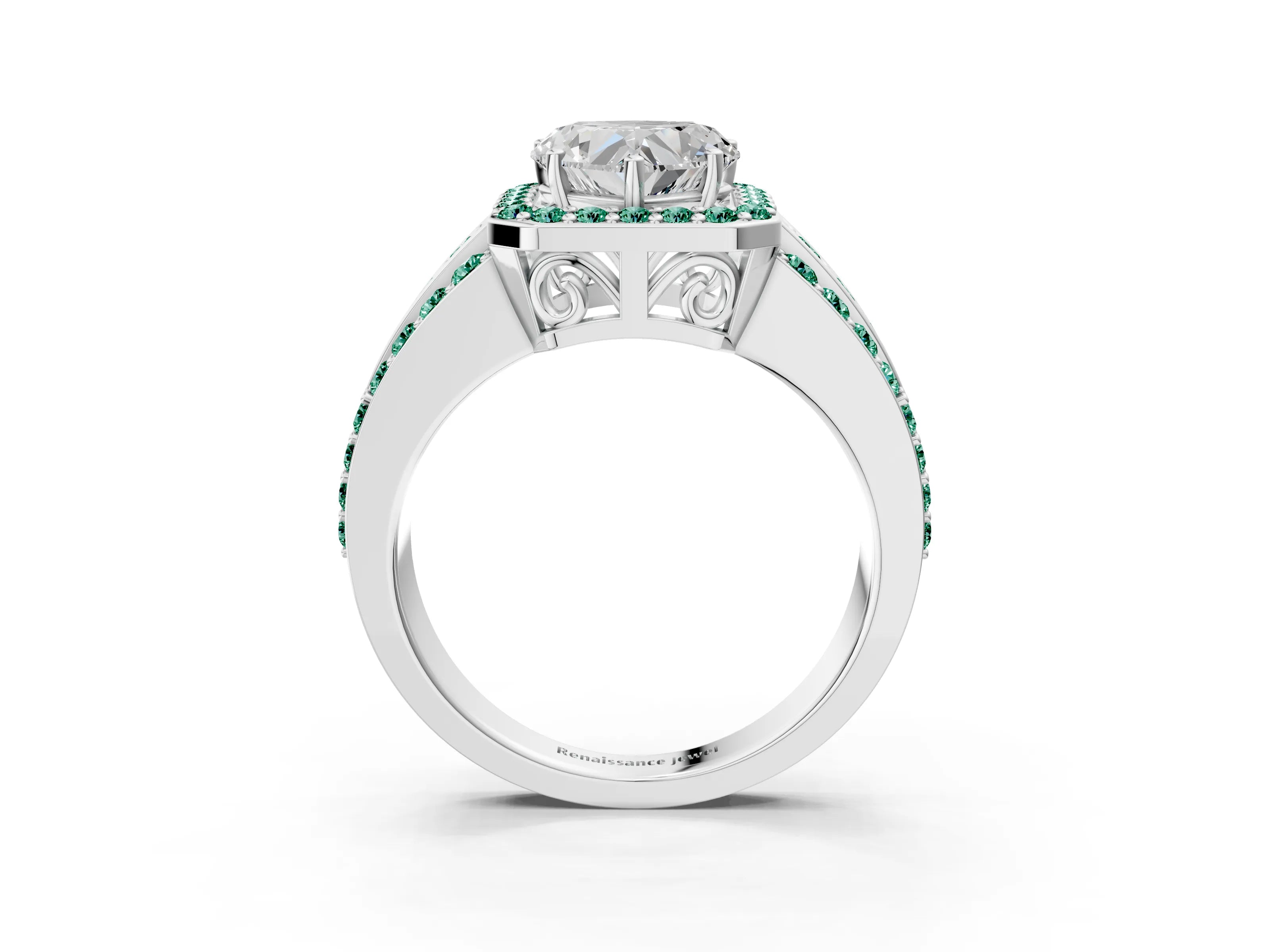 White gold Heart Cut Halo Diamond Ring with Round with Green Sapphire side stone Split Shank and Prong Setting_39