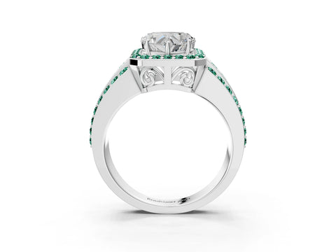 White gold Heart Cut Halo Diamond Ring with Round with Green Sapphire side stone Split Shank and Prong Setting_39