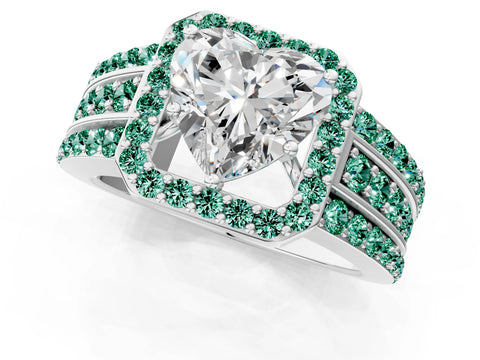 White gold Heart Cut Halo Diamond Ring with Round with Green Sapphire side stone Split Shank and Prong Setting_46