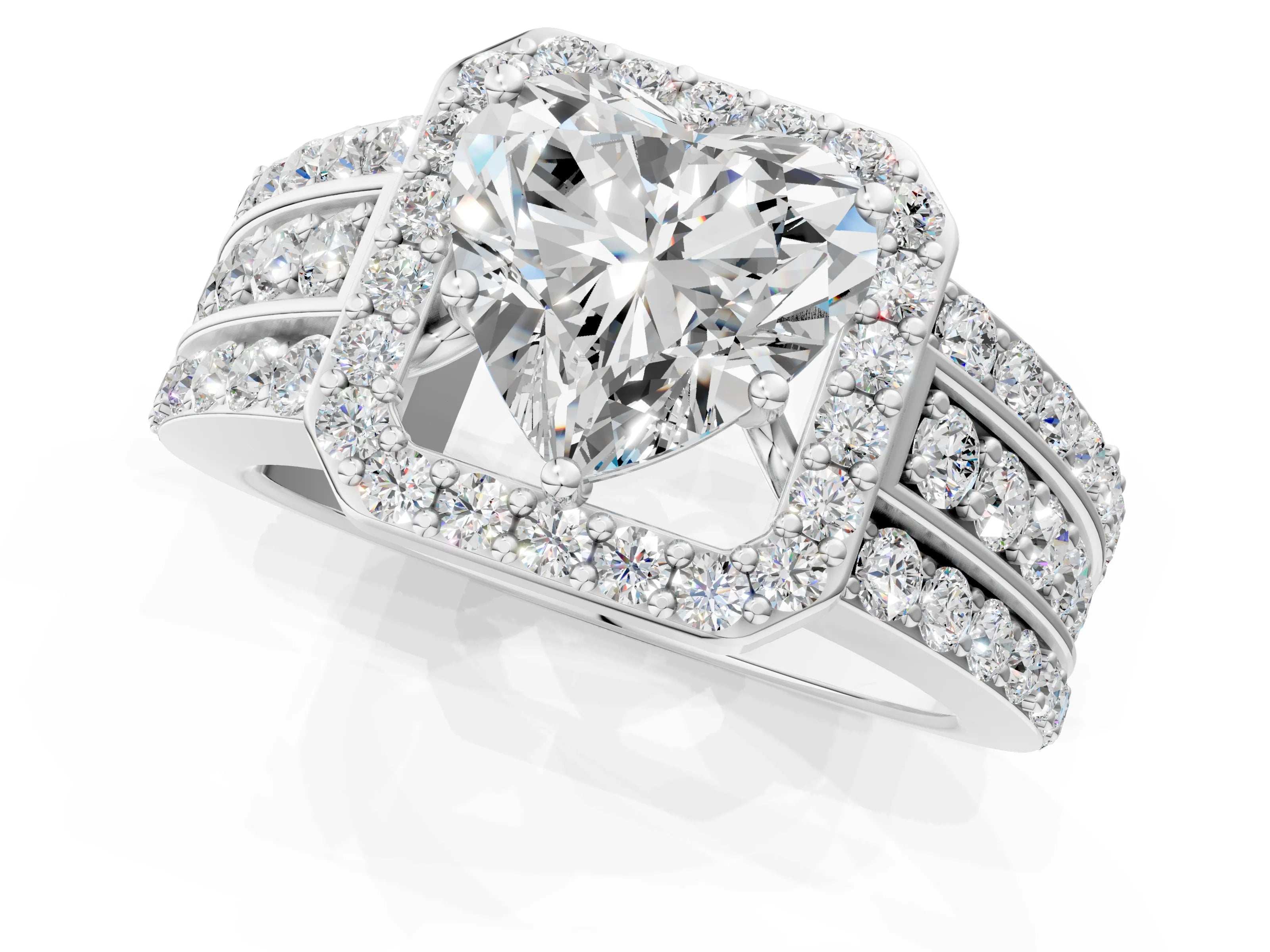 White gold Heart Cut Halo Diamond Ring with Round with Moissanite side stone Split Shank and Prong Setting_37