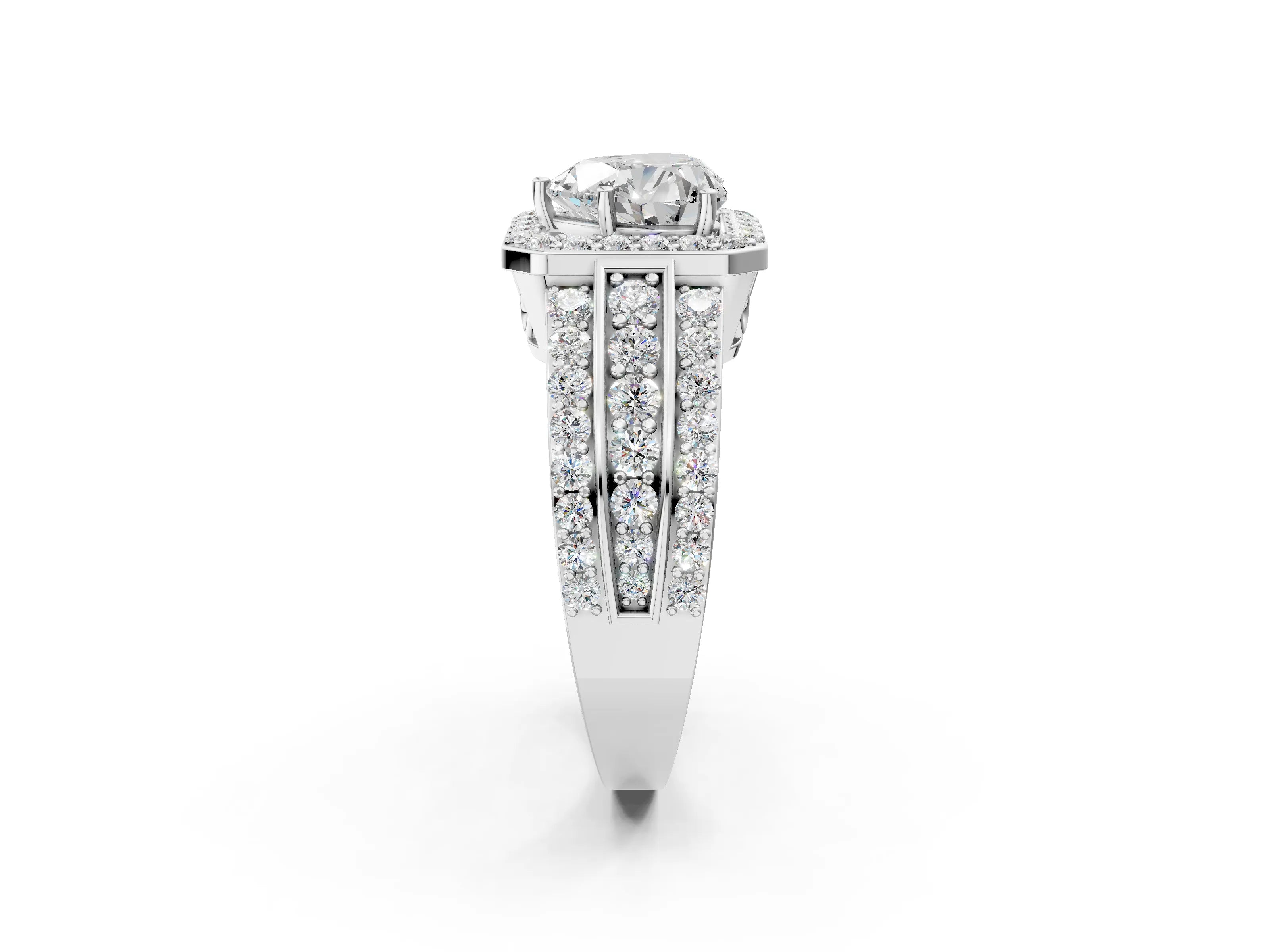 White gold Heart Cut Halo Diamond Ring with Round with Moissanite side stone Split Shank and Prong Setting_38