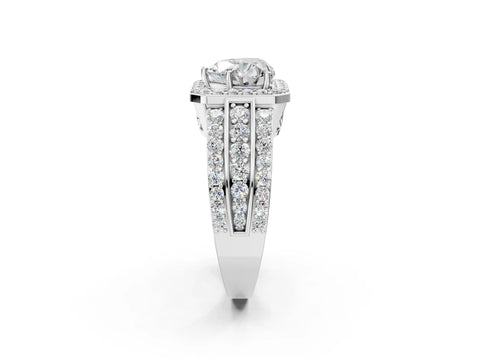 White gold Heart Cut Halo Diamond Ring with Round with Moissanite side stone Split Shank and Prong Setting_38