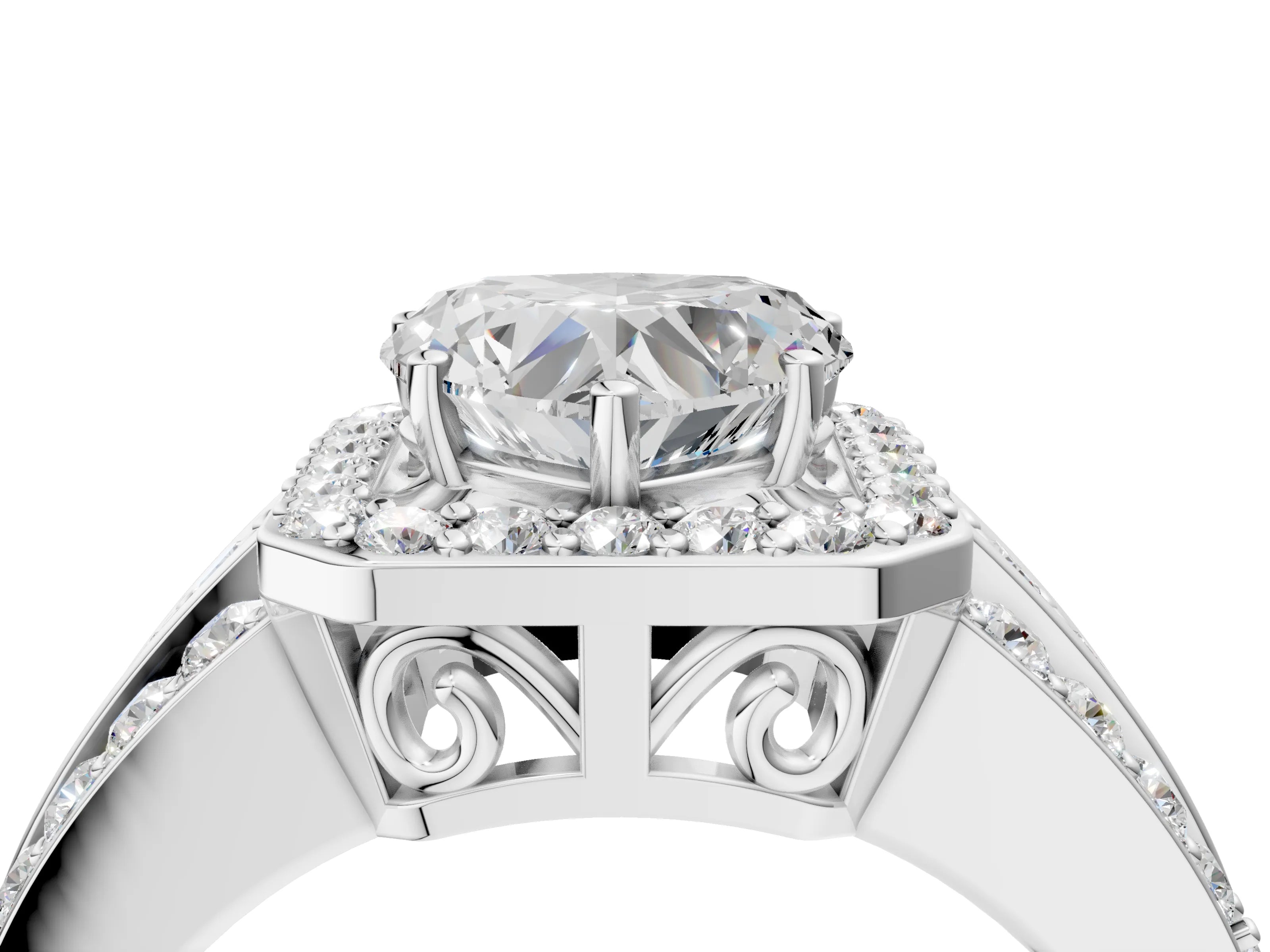 White gold Heart Cut Halo Diamond Ring with Round with Moissanite side stone Split Shank and Prong Setting_40
