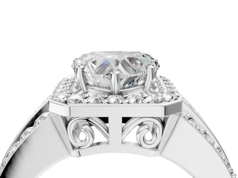 White gold Heart Cut Halo Diamond Ring with Round with Moissanite side stone Split Shank and Prong Setting_40