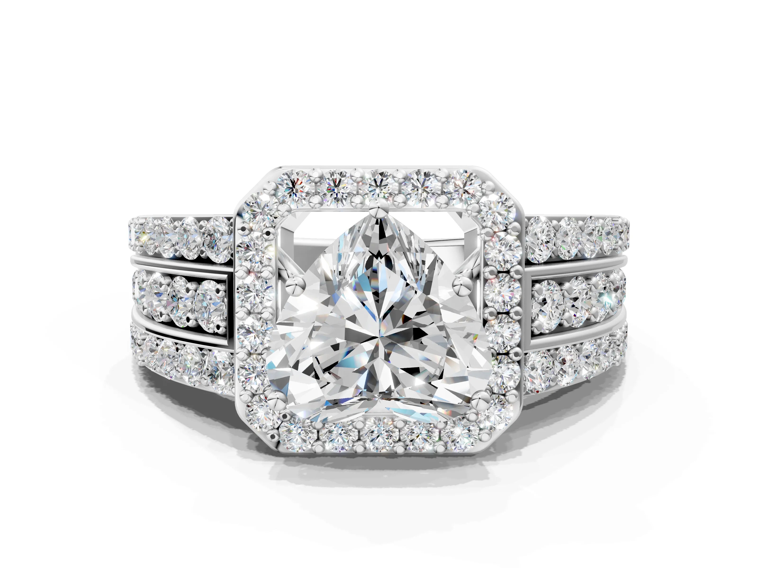 White gold Heart Cut Halo Diamond Ring with Round with Moissanite side stone Split Shank and Prong Setting_48