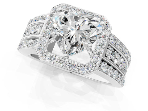 White gold Heart Cut Halo Diamond Ring with Round with Moissanite side stone Split Shank and Prong Setting_49