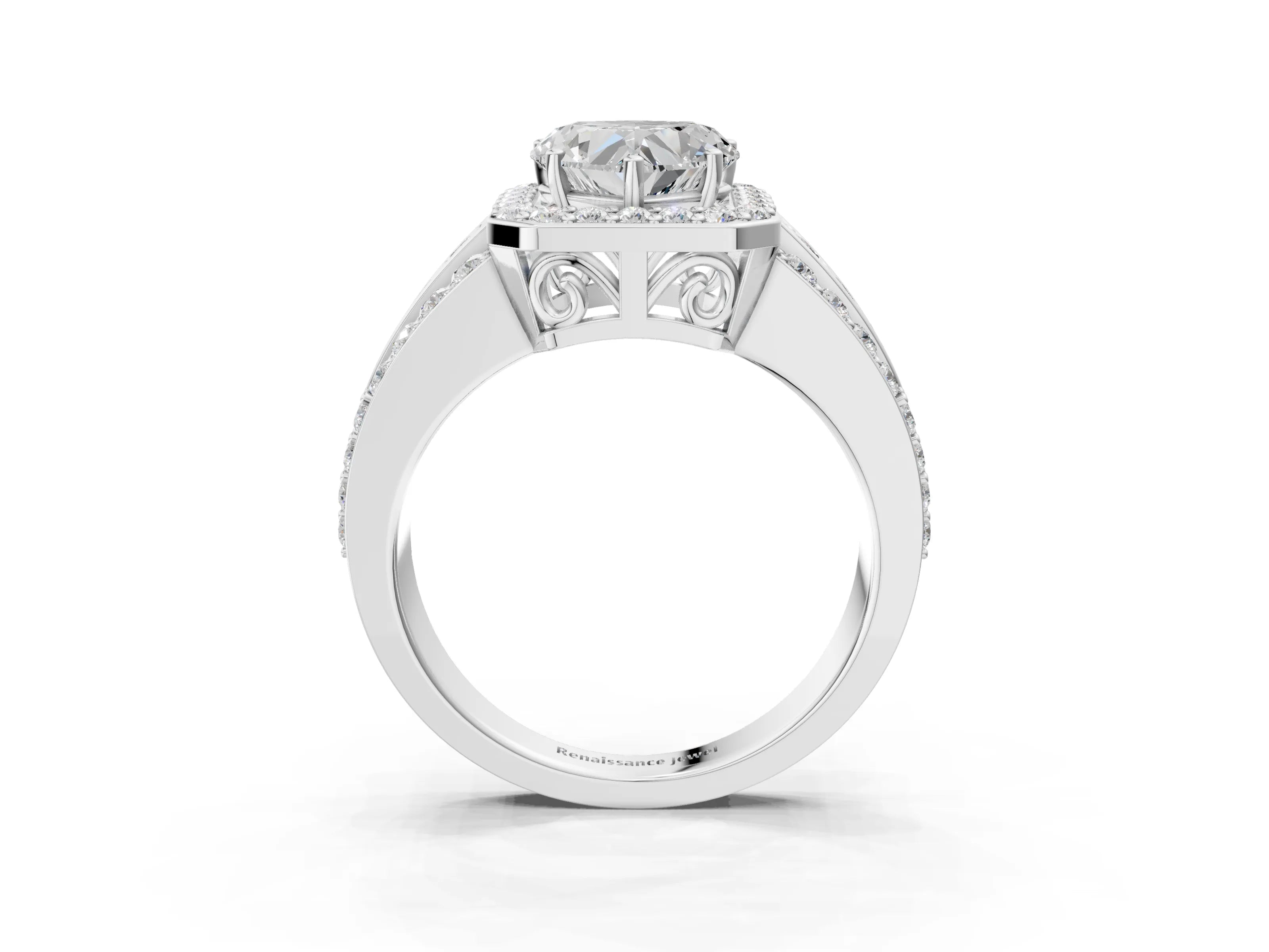 White gold Heart Cut Halo Diamond Ring with Round with Moissanite side stone Split Shank and Prong Setting_51