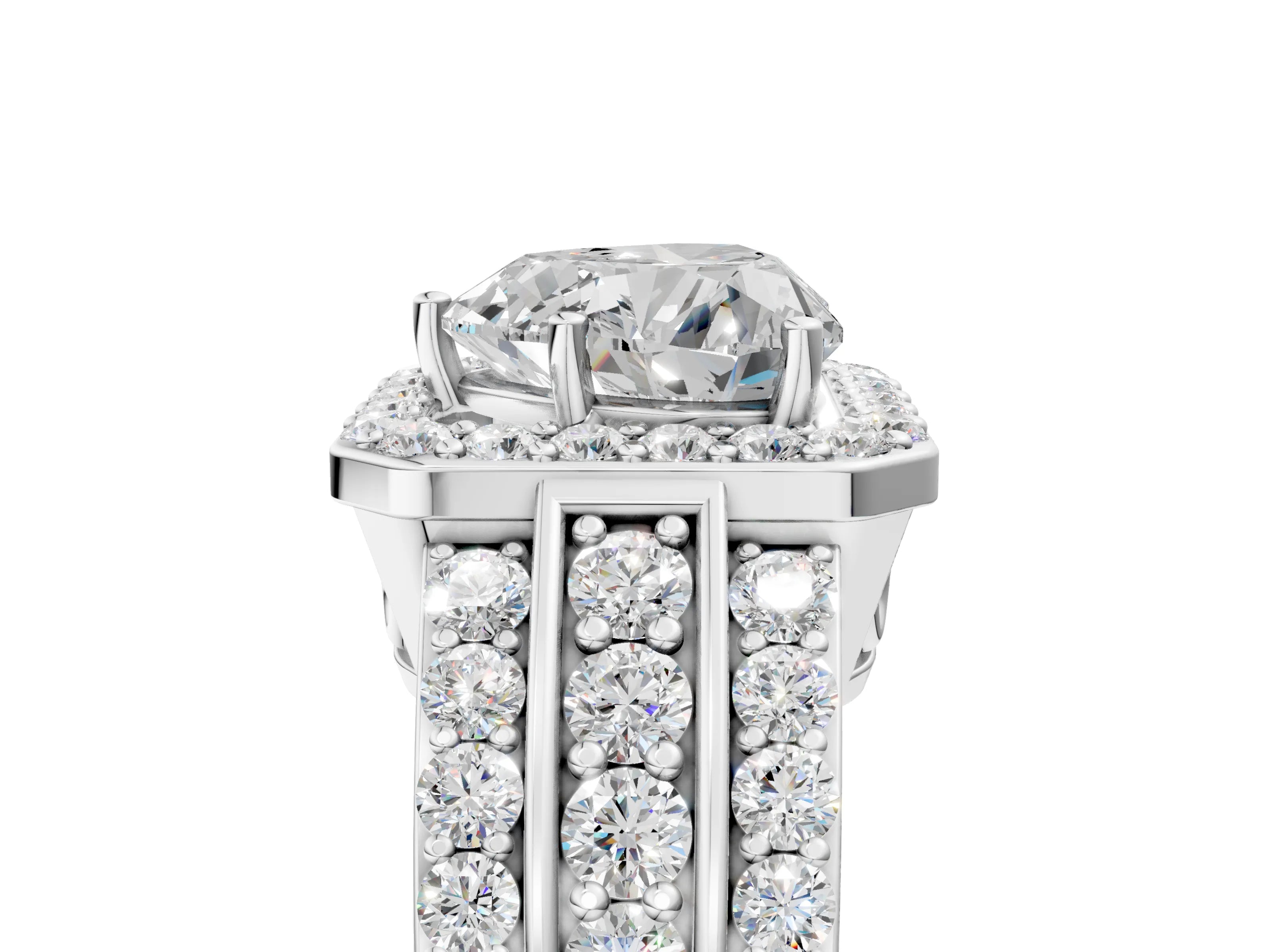 White gold Heart Cut Halo Diamond Ring with Round with Moissanite side stone Split Shank and Prong Setting_53