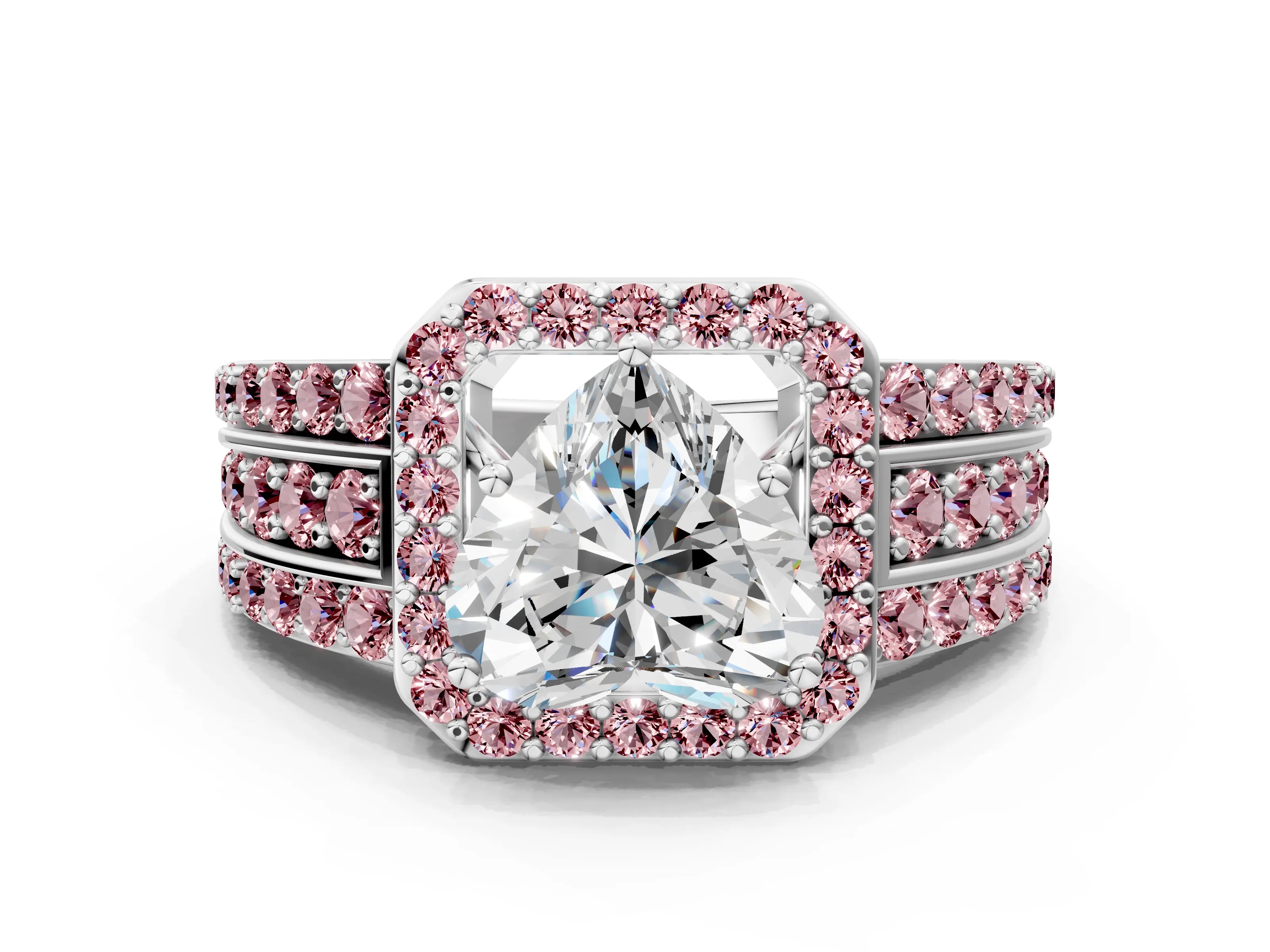 White gold Heart Cut Halo Diamond Ring with Round with Morganite side stone Split Shank and Prong Setting_36