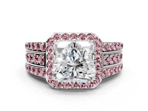 White gold Heart Cut Halo Diamond Ring with Round with Morganite side stone Split Shank and Prong Setting_36
