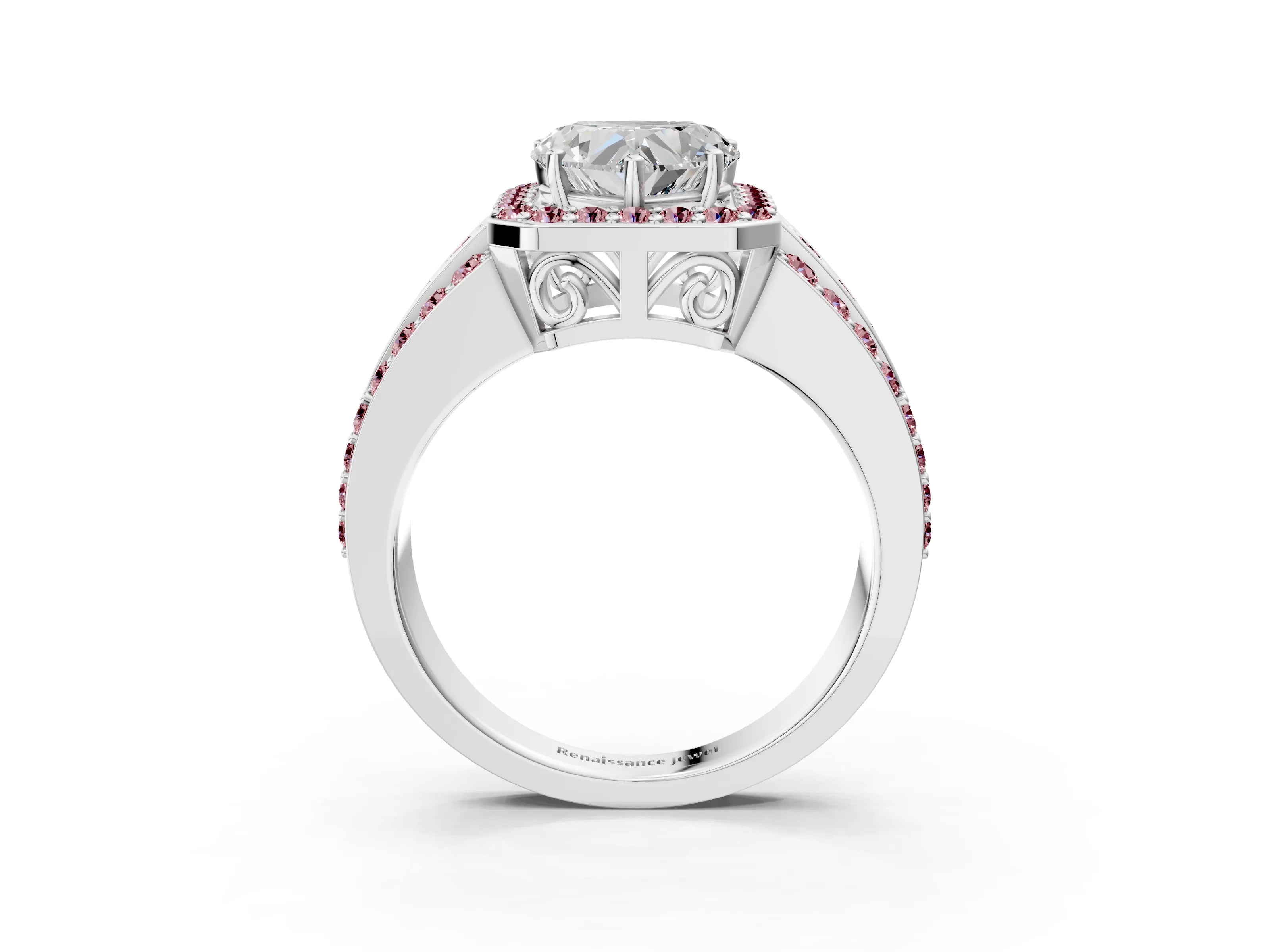 White gold Heart Cut Halo Diamond Ring with Round with Morganite side stone Split Shank and Prong Setting_39