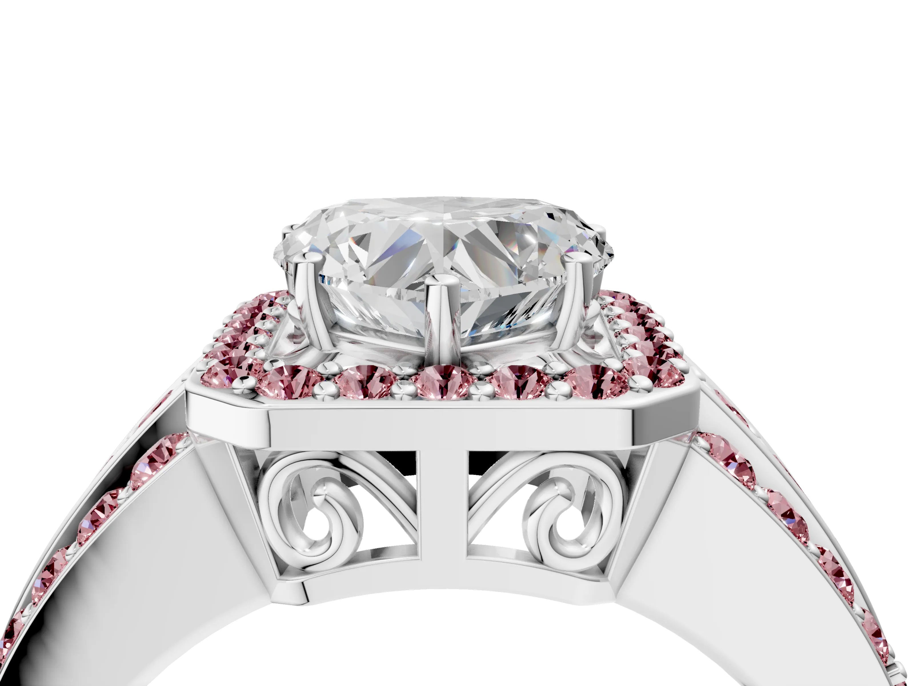 White gold Heart Cut Halo Diamond Ring with Round with Morganite side stone Split Shank and Prong Setting_40