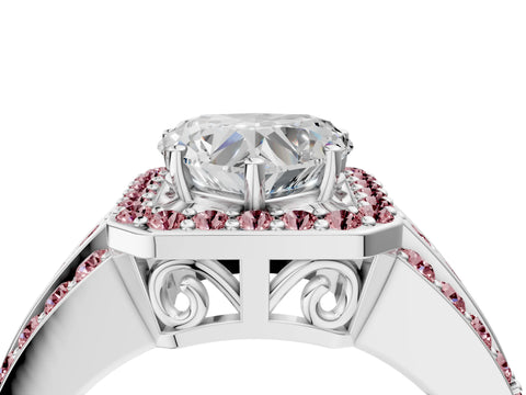 White gold Heart Cut Halo Diamond Ring with Round with Morganite side stone Split Shank and Prong Setting_40