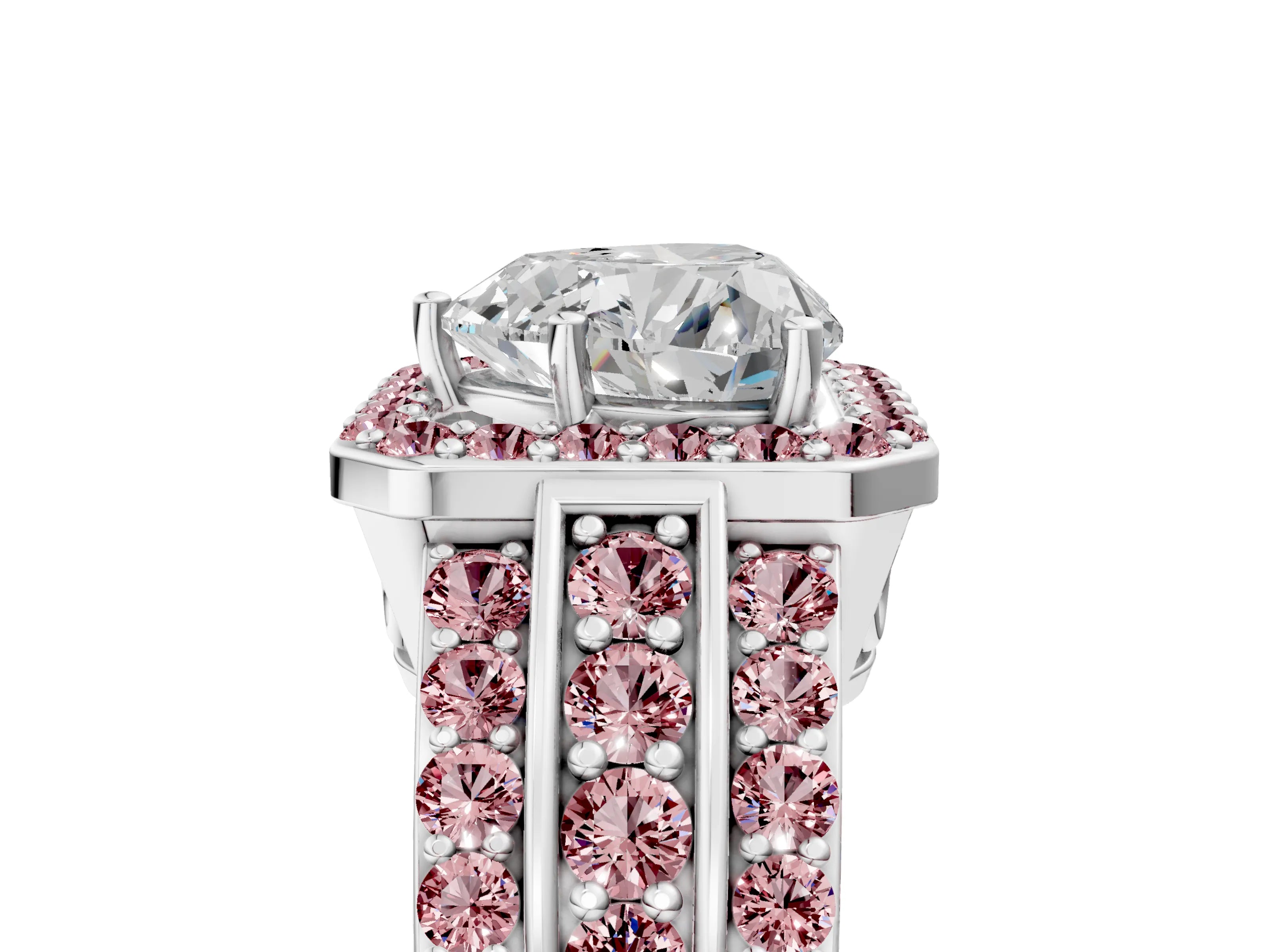 White gold Heart Cut Halo Diamond Ring with Round with Morganite side stone Split Shank and Prong Setting_41