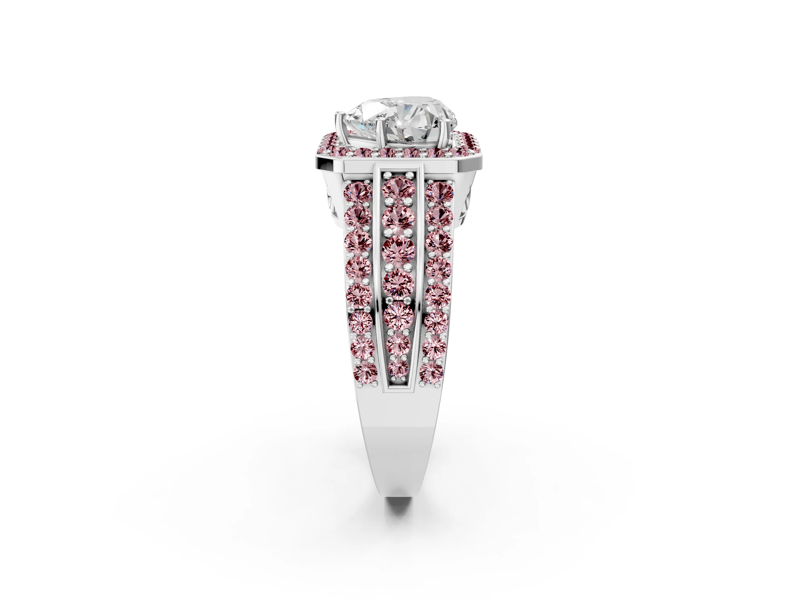 White gold Heart Cut Halo Diamond Ring with Round with Morganite side stone Split Shank and Prong Setting_50