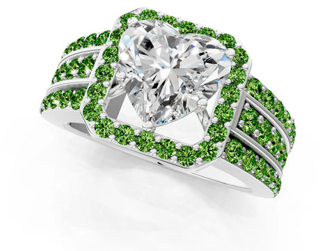 White gold Heart Cut Halo Diamond Ring with Round with Peridot side stone Split Shank and Prong Setting_13