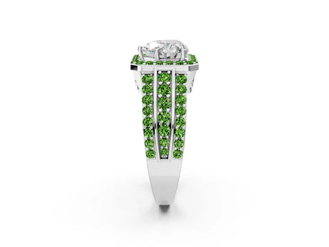 White gold Heart Cut Halo Diamond Ring with Round with Peridot side stone Split Shank and Prong Setting_14