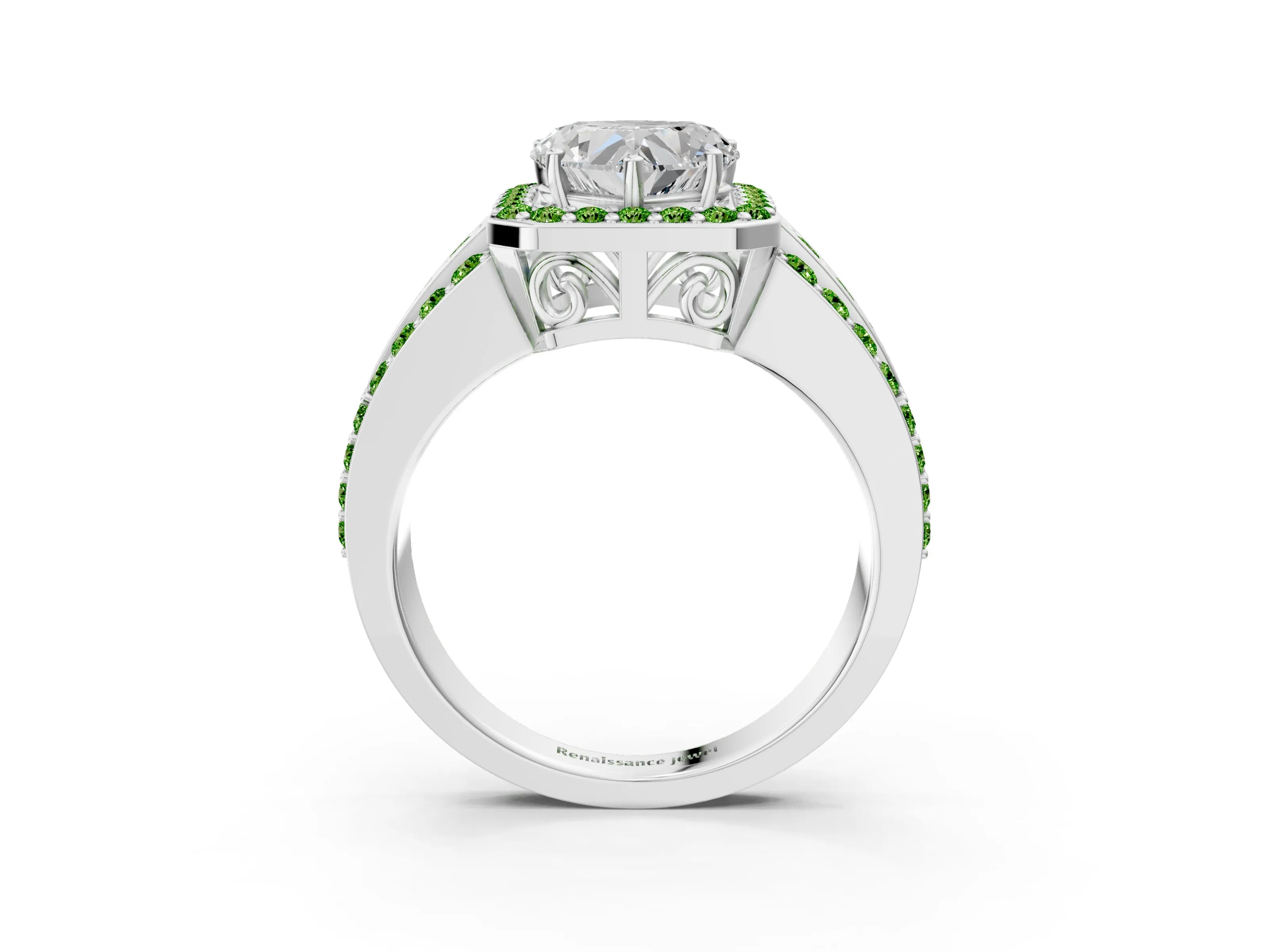 White gold Heart Cut Halo Diamond Ring with Round with Peridot side stone Split Shank and Prong Setting_15