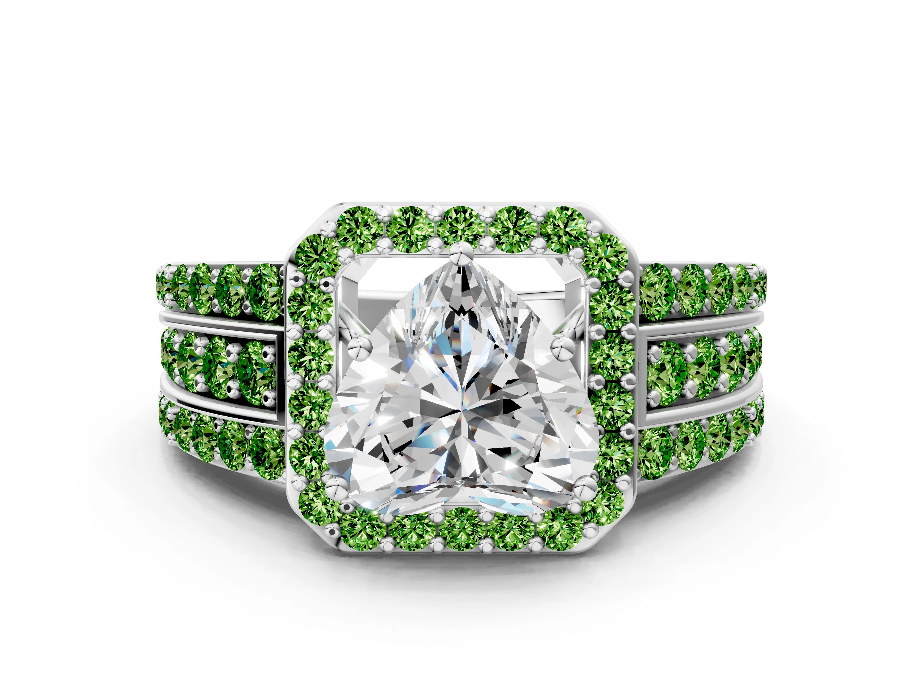 White gold Heart Cut Halo Diamond Ring with Round with Peridot side stone Split Shank and Prong Setting_18