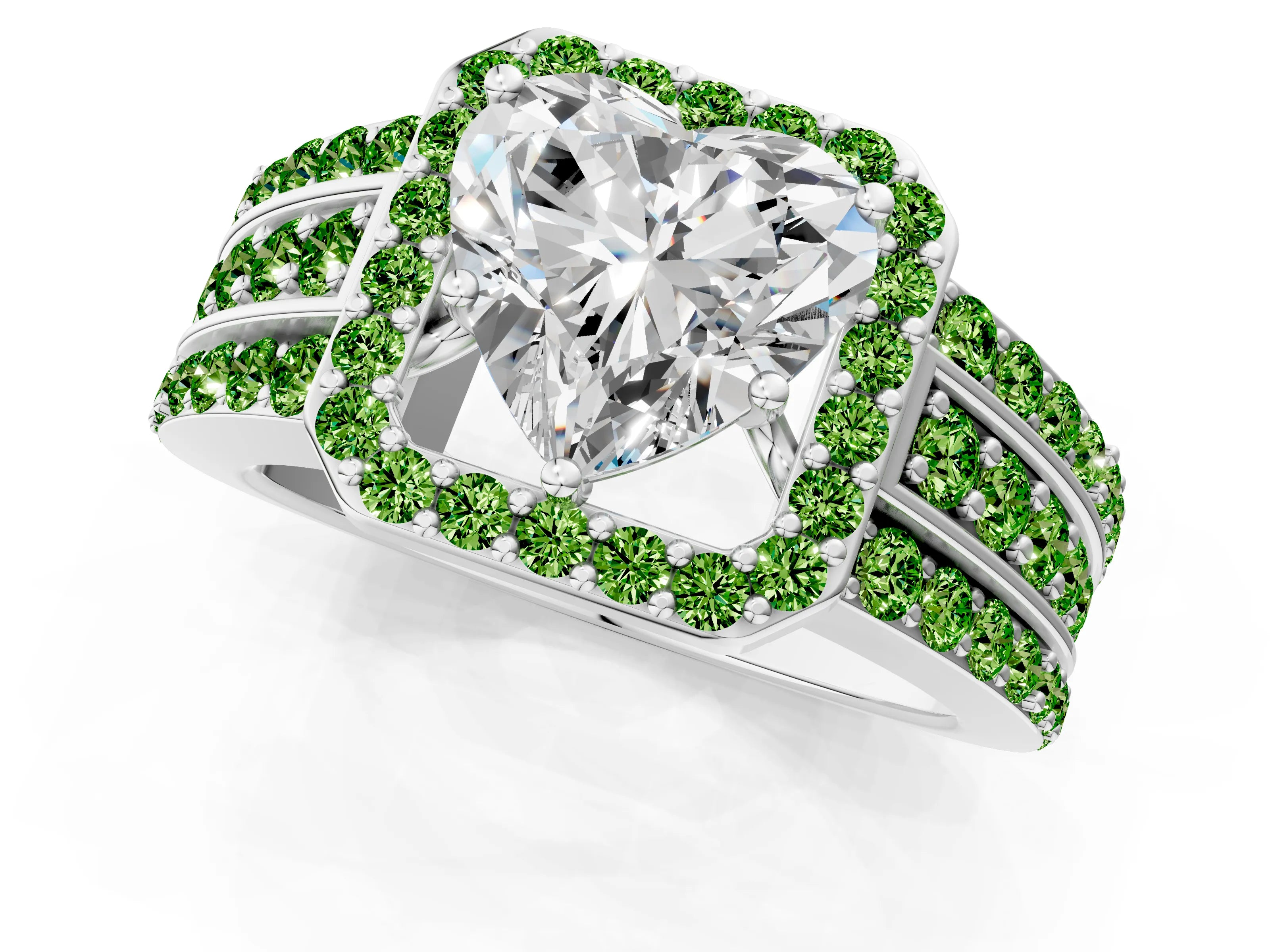 White gold Heart Cut Halo Diamond Ring with Round with Peridot side stone Split Shank and Prong Setting_19