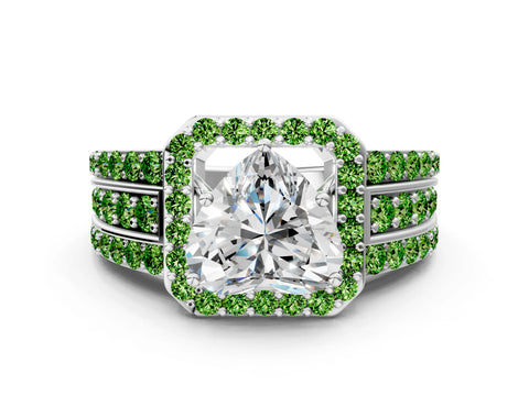 White gold Heart Cut Halo Diamond Ring with Round with Peridot side stone Split Shank and Prong Setting_20