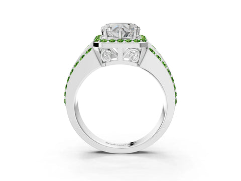 White gold Heart Cut Halo Diamond Ring with Round with Peridot side stone Split Shank and Prong Setting_21