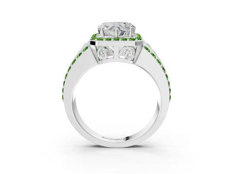 White gold Heart Cut Halo Diamond Ring with Round with Peridot side stone Split Shank and Prong Setting_23