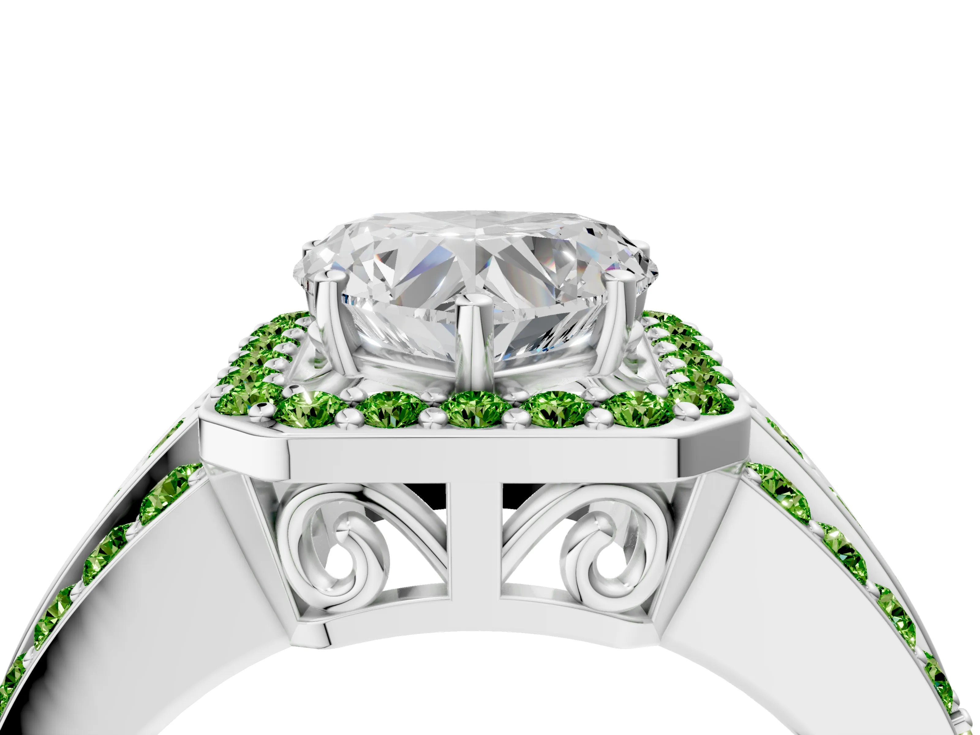 White gold Heart Cut Halo Diamond Ring with Round with Peridot side stone Split Shank and Prong Setting_24