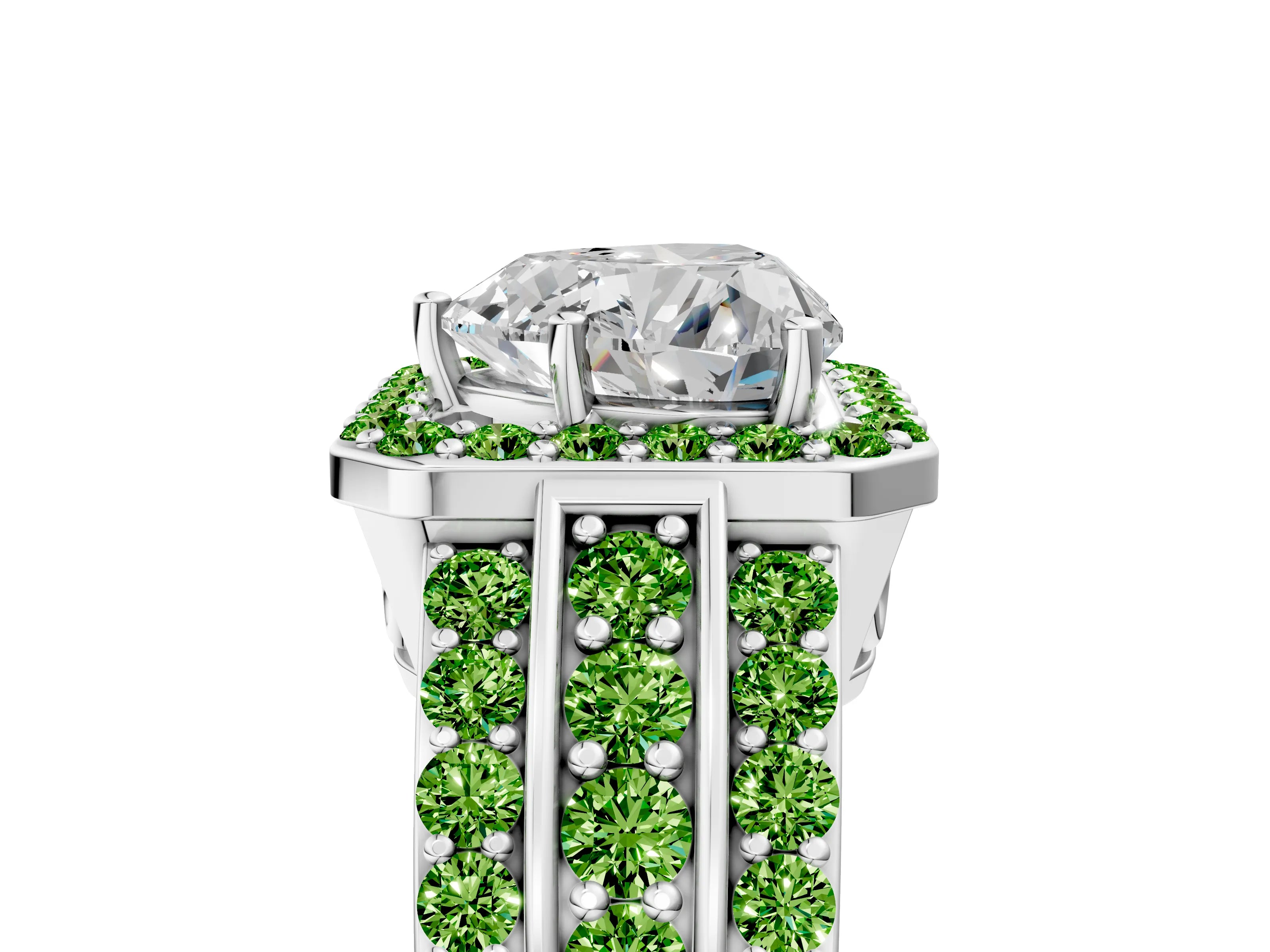 White gold Heart Cut Halo Diamond Ring with Round with Peridot side stone Split Shank and Prong Setting_25