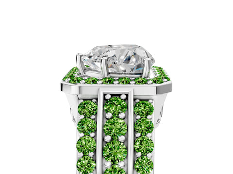 White gold Heart Cut Halo Diamond Ring with Round with Peridot side stone Split Shank and Prong Setting_25