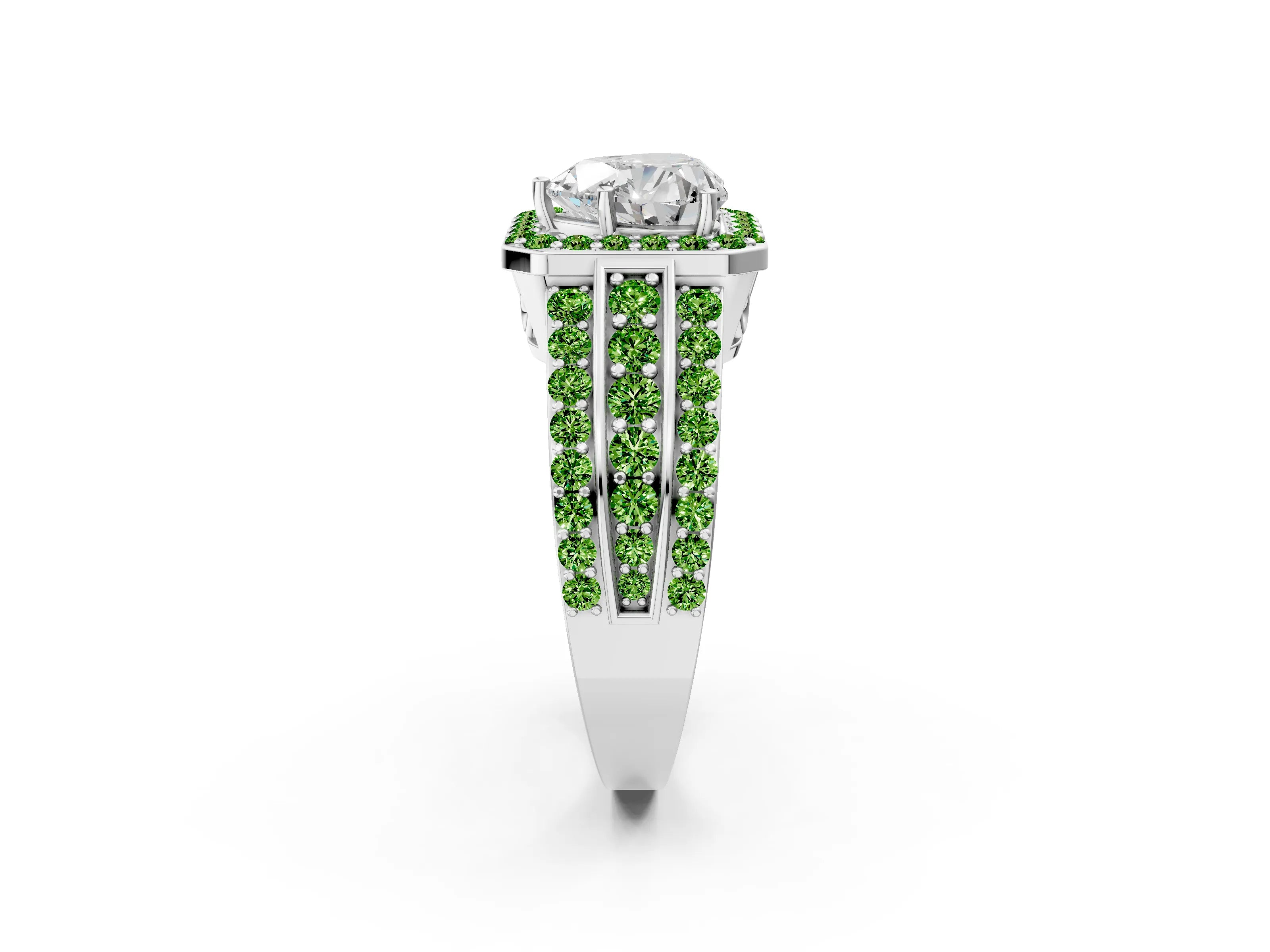 White gold Heart Cut Halo Diamond Ring with Round with Peridot side stone Split Shank and Prong Setting_26