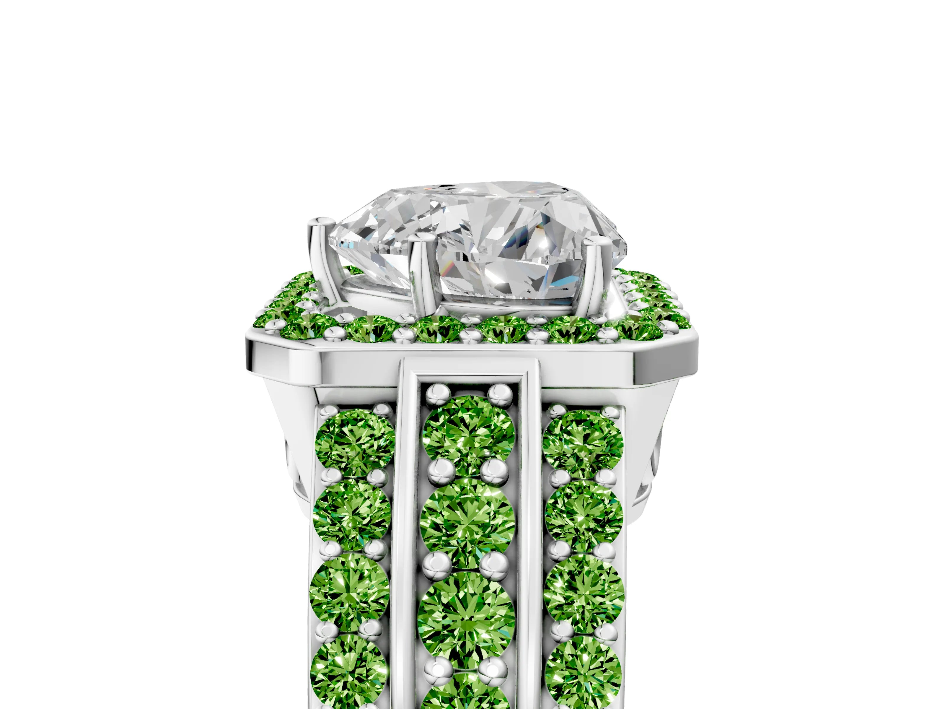 White gold Heart Cut Halo Diamond Ring with Round with Peridot side stone Split Shank and Prong Setting_29