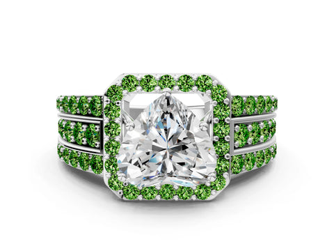 White gold Heart Cut Halo Diamond Ring with Round with Peridot side stone Split Shank and Prong Setting_30