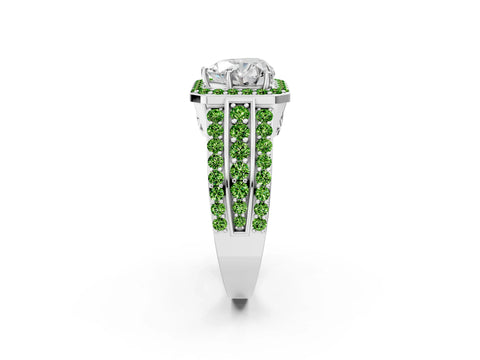 White gold Heart Cut Halo Diamond Ring with Round with Peridot side stone Split Shank and Prong Setting_32