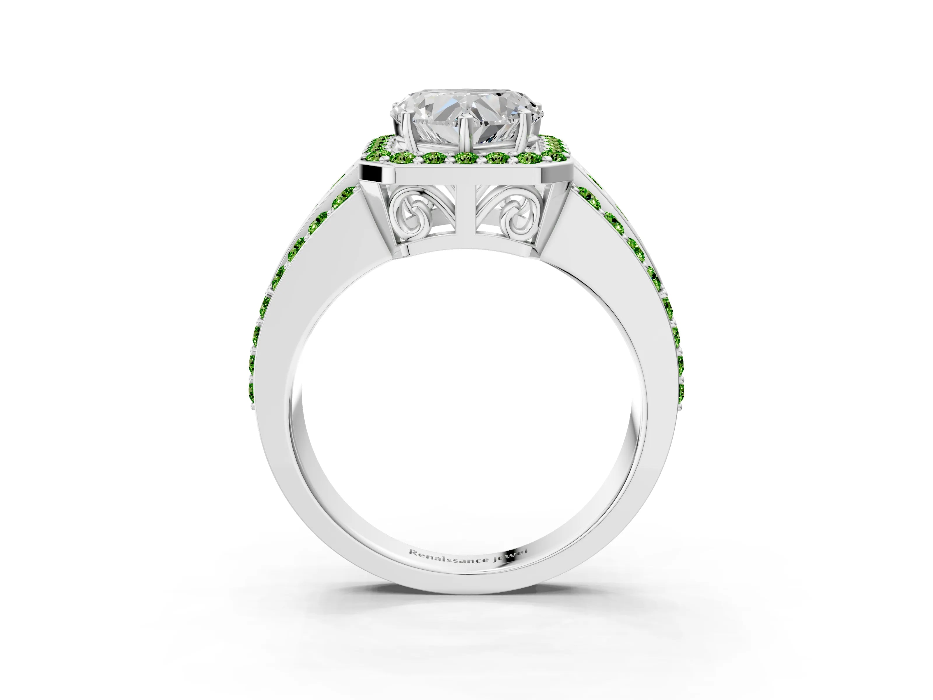 White gold Heart Cut Halo Diamond Ring with Round with Peridot side stone Split Shank and Prong Setting_33