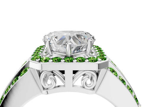 White gold Heart Cut Halo Diamond Ring with Round with Peridot side stone Split Shank and Prong Setting_34