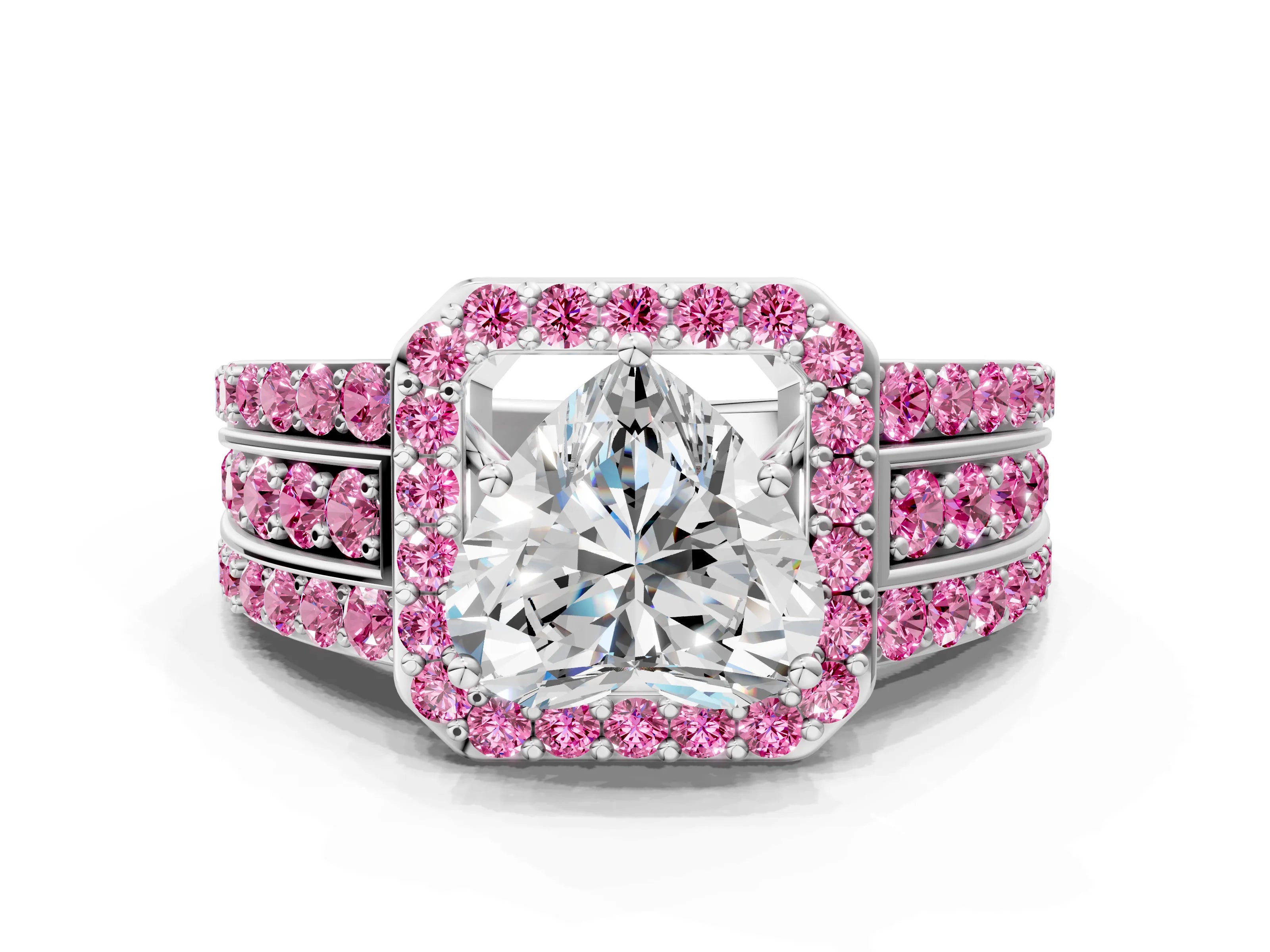 White gold Heart Cut Halo Diamond Ring with Round with Pink Sapphire side stone Split Shank and Prong Setting_36