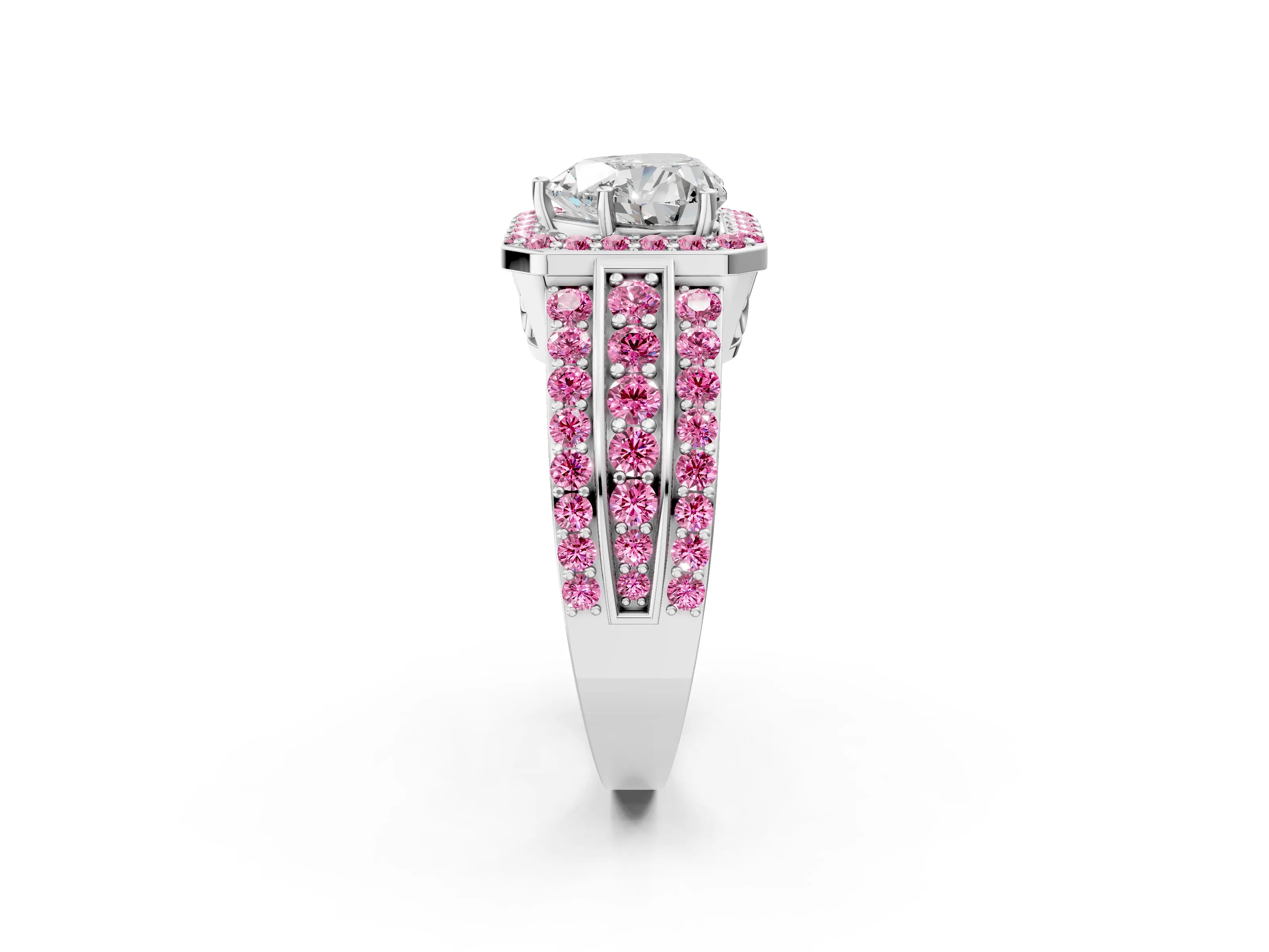 White gold Heart Cut Halo Diamond Ring with Round with Pink Sapphire side stone Split Shank and Prong Setting_38