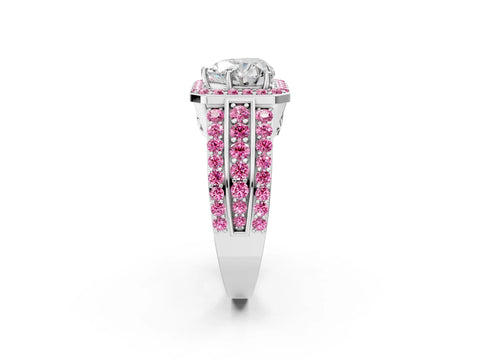 White gold Heart Cut Halo Diamond Ring with Round with Pink Sapphire side stone Split Shank and Prong Setting_38