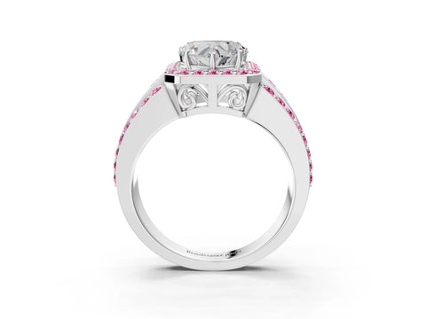 White gold Heart Cut Halo Diamond Ring with Round with Pink Sapphire side stone Split Shank and Prong Setting_39
