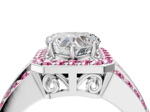 White gold Heart Cut Halo Diamond Ring with Round with Pink Sapphire side stone Split Shank and Prong Setting_40