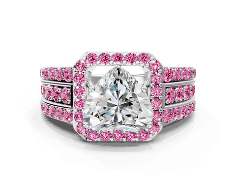 White gold Heart Cut Halo Diamond Ring with Round with Pink Sapphire side stone Split Shank and Prong Setting_48