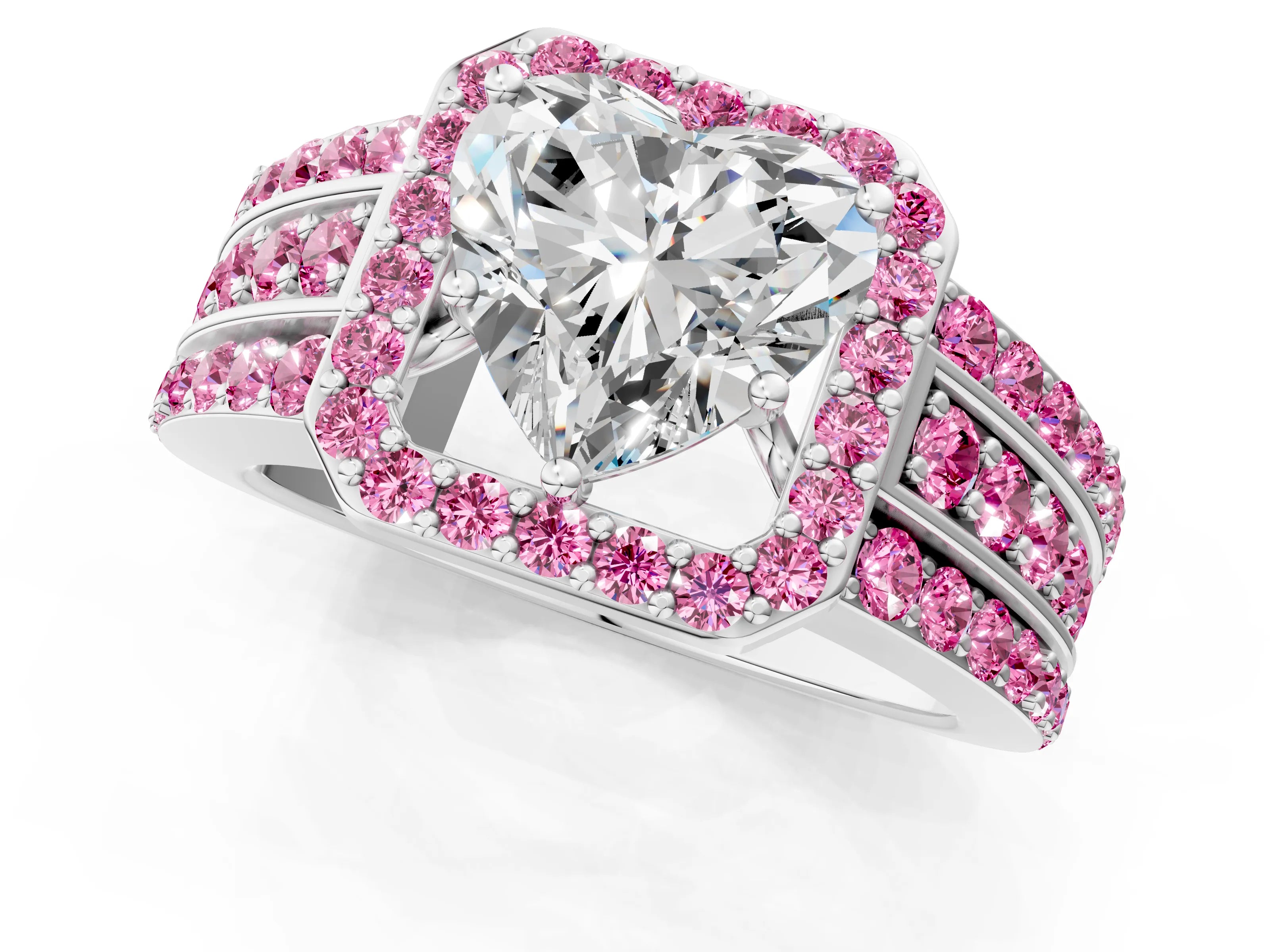 White gold Heart Cut Halo Diamond Ring with Round with Pink Sapphire side stone Split Shank and Prong Setting_49