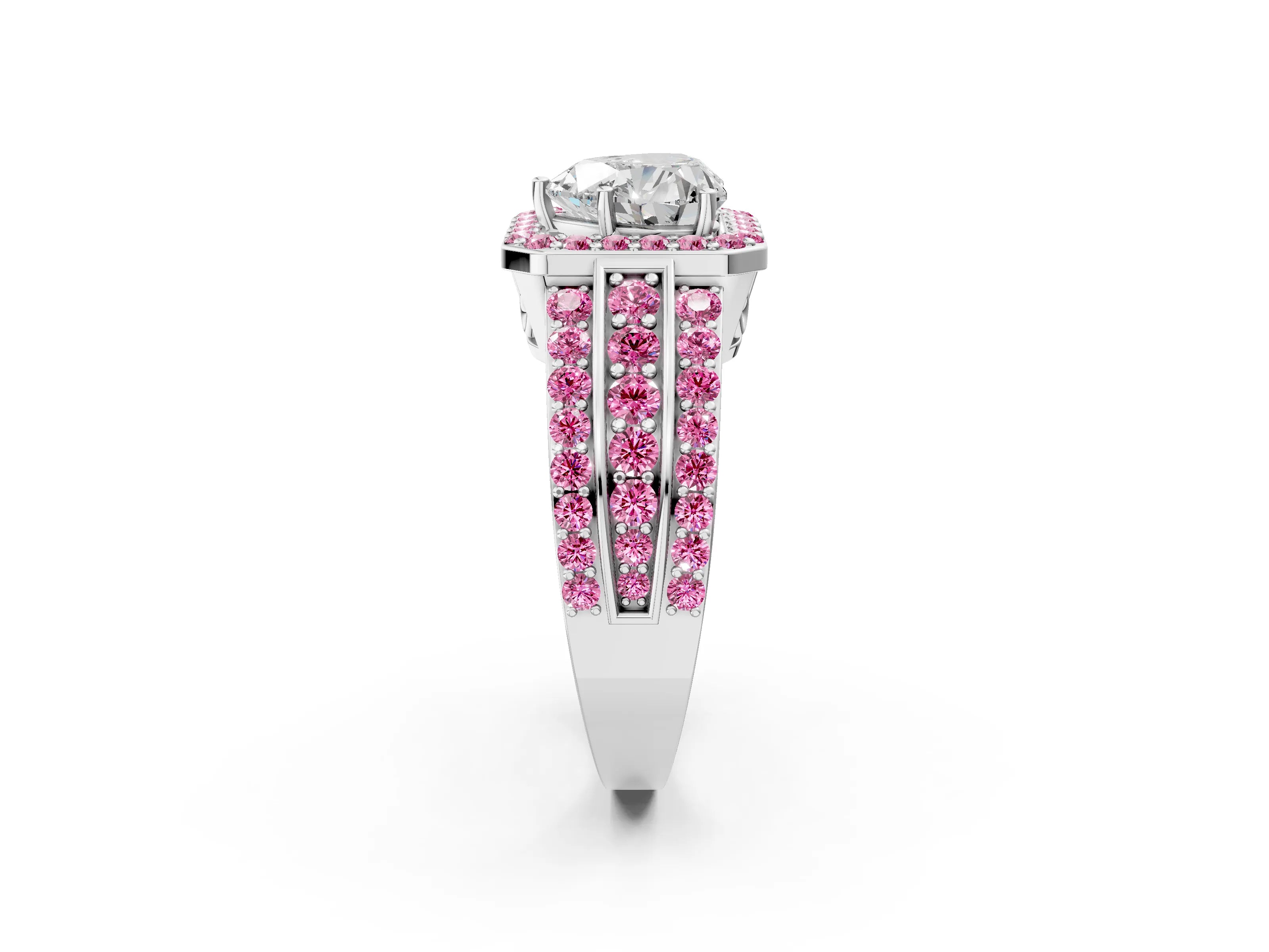 White gold Heart Cut Halo Diamond Ring with Round with Pink Sapphire side stone Split Shank and Prong Setting_50