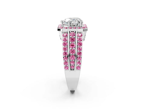 White gold Heart Cut Halo Diamond Ring with Round with Pink Sapphire side stone Split Shank and Prong Setting_50